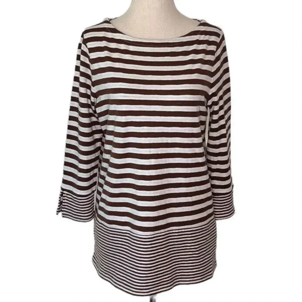 J Jill Womens Tunic Shirt Top Size XSMALL Brown White Mixed Stripe 3/4 Sleeve - Picture 1 of 9